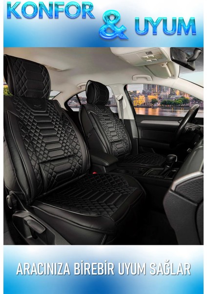 Hyundai İX55 Uyumlu Lüks Deri Oto Koltuk Kılıfı Ön-Arka Set Max Series (Siyah)