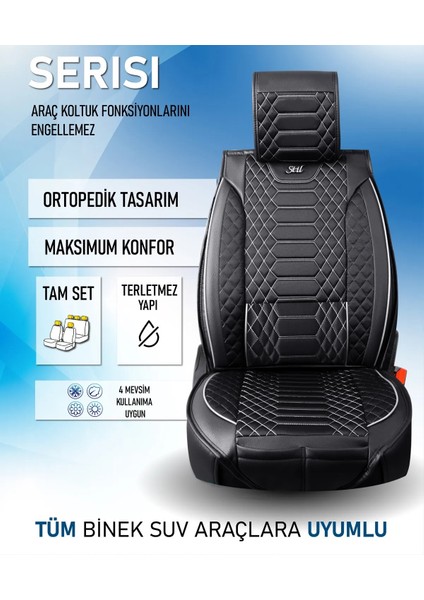 citroen C2 Uyumlu Lüks Deri Oto Koltuk Kılıfı Ön-Arka Set Max Series (Siyah-Beyaz)