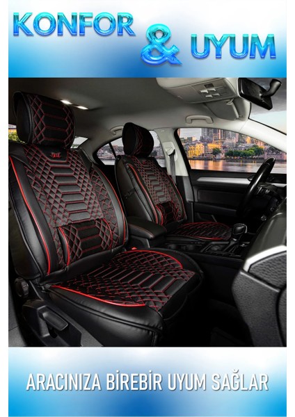 Ford Ranger Uyumlu Lüks Deri Oto Koltuk Kılıfı Ön-Arka Set Max Series (Siyah-Kırmızı)