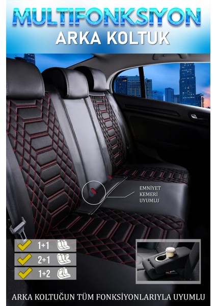 Tata Xenon Uyumlu Lüks Deri Oto Koltuk Kılıfı Ön-Arka Set Max Series (Siyah-Kırmızı)