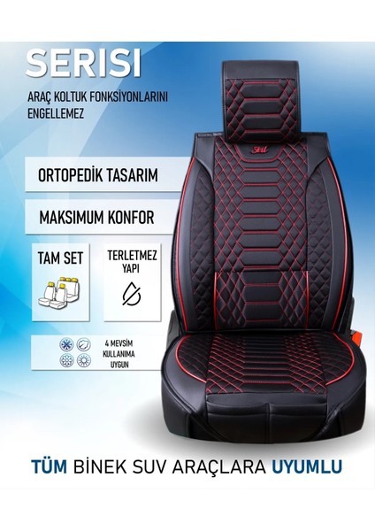 Tata Xenon Uyumlu Lüks Deri Oto Koltuk Kılıfı Ön-Arka Set Max Series (Siyah-Kırmızı)