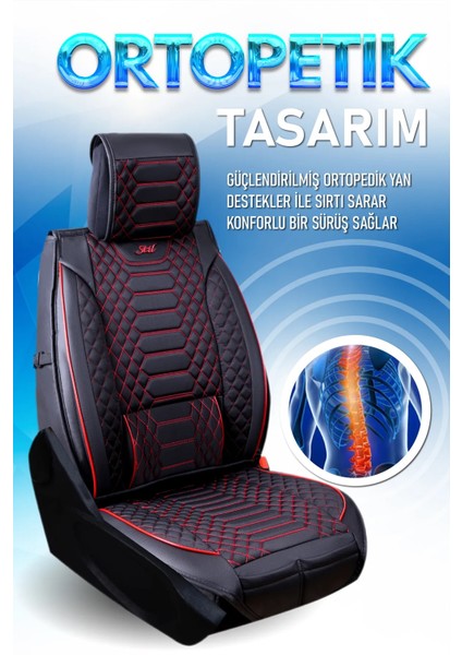 Tata Xenon Uyumlu Lüks Deri Oto Koltuk Kılıfı Ön-Arka Set Max Series (Siyah-Kırmızı)