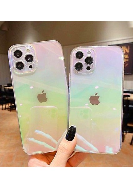 Apple iPhone 12 Pro Max Parlak Rainbow Holografik Kamera Korumalı Sert Kılıf