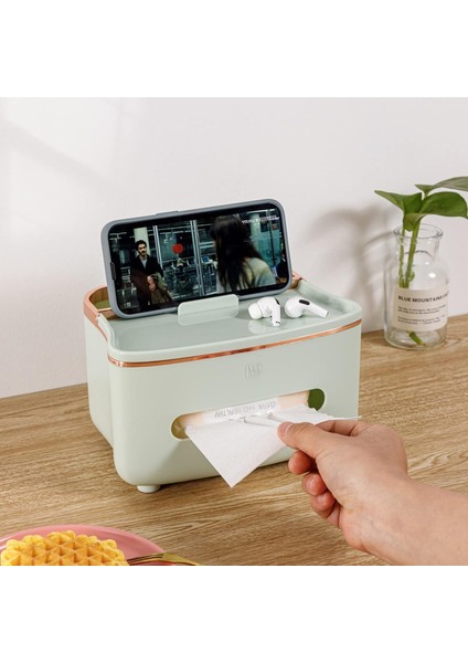 Masaüstü Kağıt Mendil Saklama Kutusu, Telefon Tutuculu Çok Fonksiyonlu Masaüstü Kırtasiye, Cam Yeşili (Yurt Dışından) indirimleri