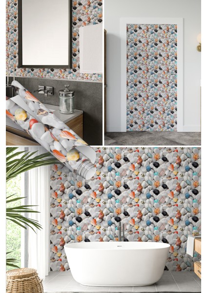 Renkli Çakıl Taş Desenli Yapışkanlı Folyo, Mutfak, Tezgah, Masa, Dolap Kaplama Folyosu, Isıya Dayanıklı, Su Geçirmez, Yapışkan Folyolar, Sticker, Büyük Ebatlı, Dekoros