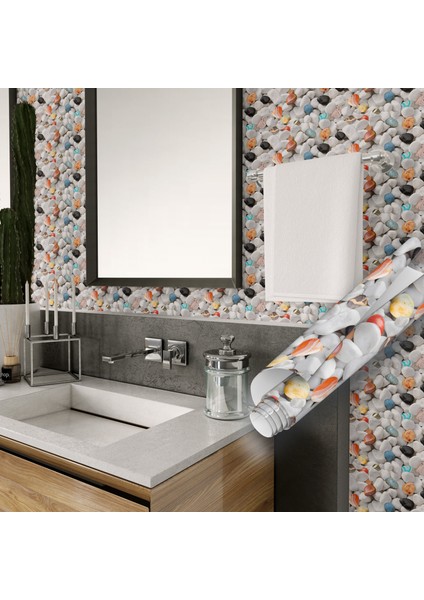 Renkli Çakıl Taş Desenli Yapışkanlı Folyo, Mutfak, Tezgah, Masa, Dolap Kaplama Folyosu, Isıya Dayanıklı, Su Geçirmez, Yapışkan Folyolar, Sticker, Büyük Ebatlı, Dekoros modelleri