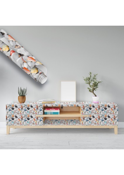 Renkli Çakıl Taş Desenli Yapışkanlı Folyo, Mutfak, Tezgah, Masa, Dolap Kaplama Folyosu, Isıya Dayanıklı, Su Geçirmez, Yapışkan Folyolar, Sticker, Büyük Ebatlı, Dekoros indirimleri