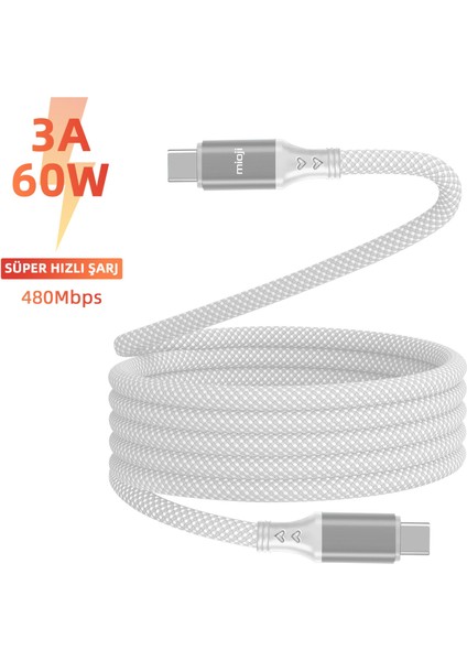 Mio SC1000 USB-C 60W Mıknatıslı Hızlı Şarj Kablosu Huawei, Samsung, Oppo, Xiaomi, iPhone-Beyaz