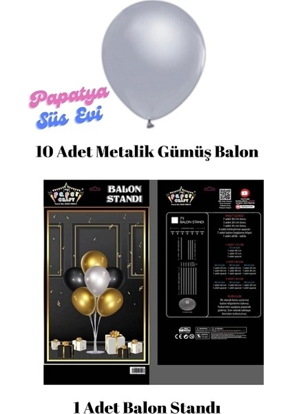 10 Adet Metalik Gümüş Balon ve 7'libalon Standı