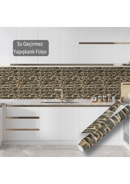Sarı Siyah Taş Desenli Yapışkanlı Folyo, Mutfak, Tezgah, Masa, Dolap Kaplama Folyosu, Isıya Dayanıklı, Su Geçirmez, Kendinden Yapışkan Folyolar, Sticker, Büyük Ebatlı, Dekoros indirimleri