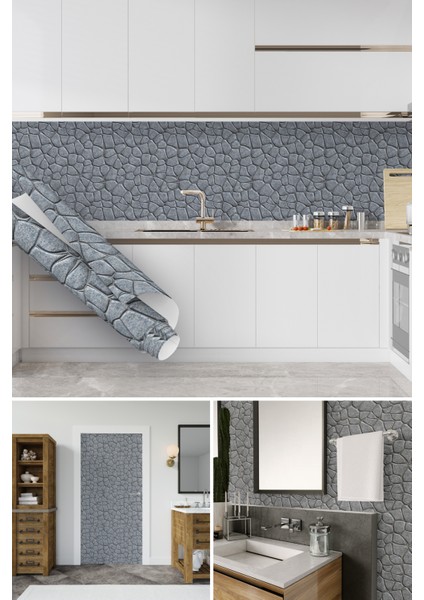 Gri Taş Desenli Yapışkanlı Folyo, Mutfak, Tezgah, Masa, Dolap Kaplama Folyosu, Isıya Dayanıklı, Su Geçirmez, Kendinden Yapışkan Folyolar, Sticker, Büyük Ebatlı, Dekoros