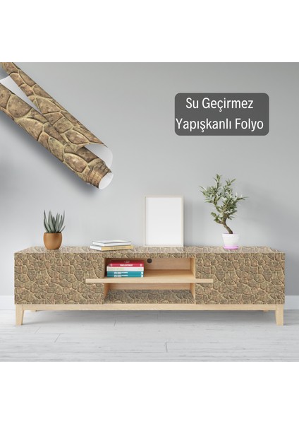 Eskitme Taş Görünümlü Yapışkanlı Folyo, Karamel Rengi, Mutfak, Tezgah, Masa, Dolap Kaplama Folyosu, Isıya Dayanıklı, Su Geçirmez, Kendinden Yapışkan Folyolar, Sticker, Büyük Ebatlı, Dekoros