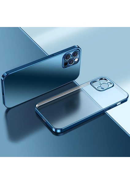 Lazer Parlak Kare Çerçeve Şeffaf Plating Cep Telefonu Kılıfı Lacivert-Apple iPhone 12