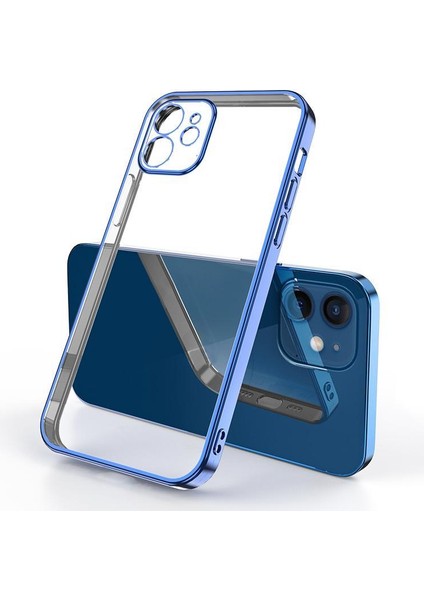 Lazer Parlak Kare Çerçeve Şeffaf Plating Cep Telefonu Kılıfı Lacivert-Apple iPhone 12