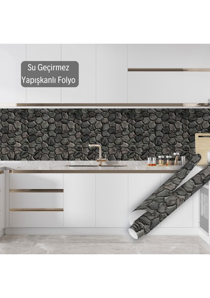Siyah Taş Desenli Yapışkanlı Folyo, Mutfak, Tezgah, Masa, Dolap Kaplama Folyosu, Isıya Dayanıklı, Su Geçirmez, Kendinden Yapışkan Folyolar, Sticker, Büyük Ebatlı, Dekoros