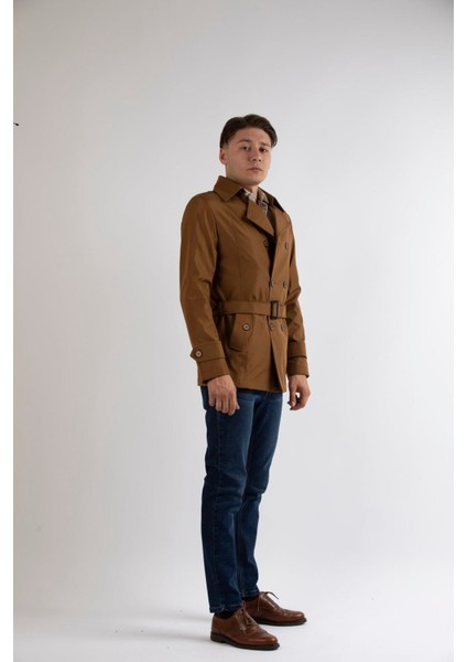 Slim Fit Erkek Kısa Model Açık Kahve Trençkot