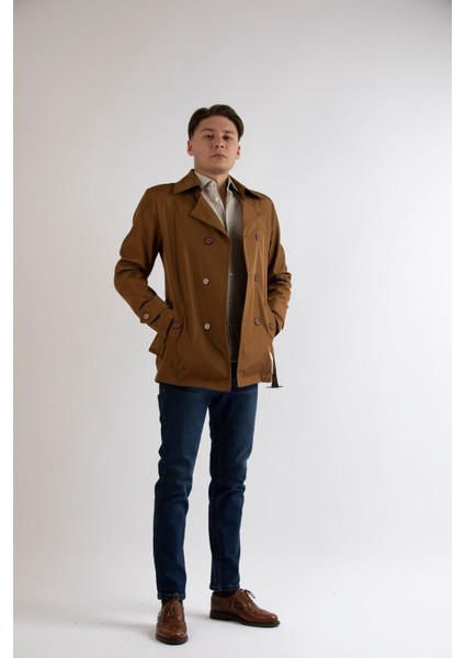 Slim Fit Erkek Kısa Model Açık Kahve Trençkot