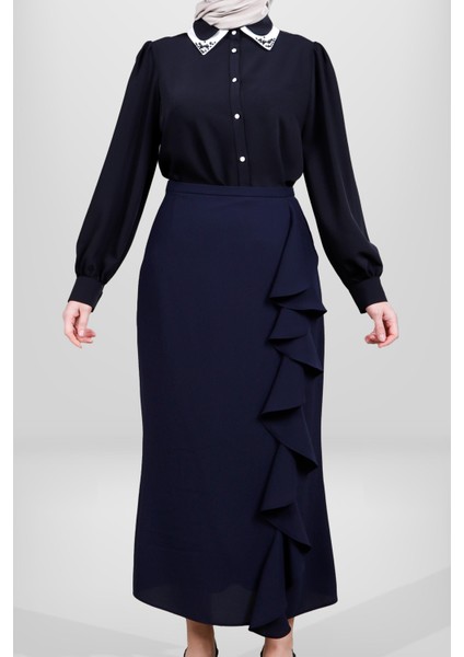 4084 Lacivert Uzun Fırfırlı Etek