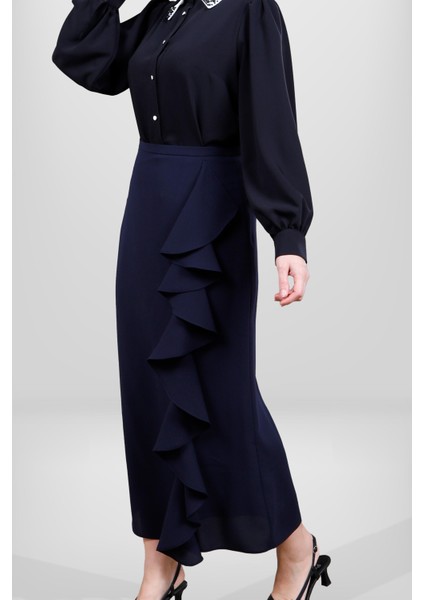 4084 Lacivert Uzun Fırfırlı Etek fiyatları