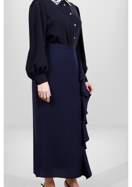 4084 Lacivert Uzun Fırfırlı Etek modelleri