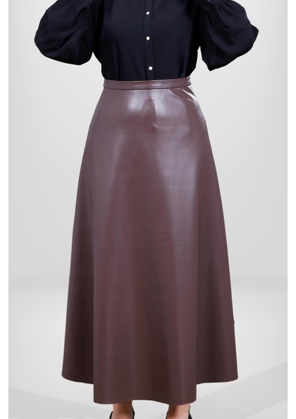 4076 Kahve Uzun Deri Etek