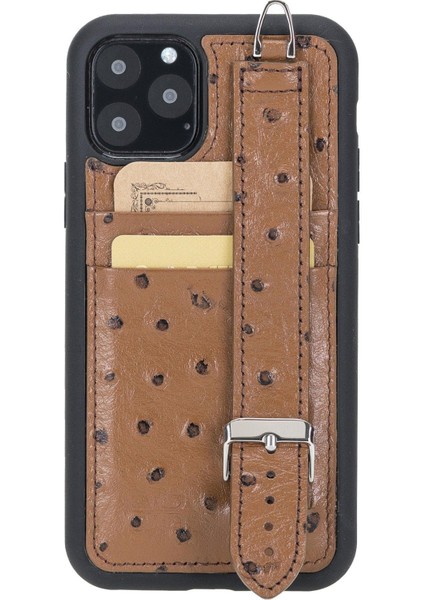 Apple iPhone 11 Serisi Bileklikli Deri Kartlıklı Arka Kapak - iPhone 11 Pro / Ostrich Kahve