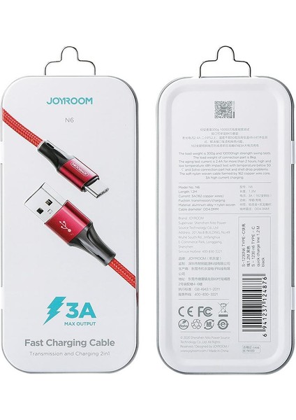 S-1230N6 Type-C Hızlı Şarj ve Data Kablosu Örgü 3A 1.2m Kırmızı fiyatları