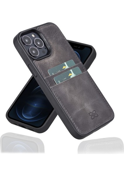 Apple iPhone 13 Serisi Kartlıklı Deri Arka Kapak - iPhone 13 Pro Max / Gri