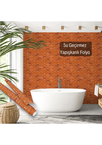Kiremit Rengi Tuğla Görünümlü Yapışkanlı Folyo, Mutfak, Tezgah, Masa, Dolap Kaplama Folyosu, Isıya Dayanıklı, Su Geçirmez, Kendinden Yapışkan Folyolar, Sticker, Büyük Ebatlı, Dekoros