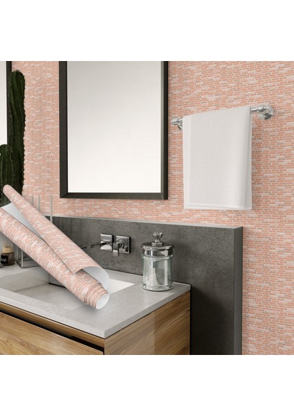 Pembe Tuğla Görünümlü Desenli Yapışkanlı Folyo, Mutfak, Tezgah, Masa, Dolap Kaplama Folyosu, Isıya Dayanıklı, Su Geçirmez, Kendinden Yapışkan Folyolar, Sticker, Büyük Ebatlı, Dekoros