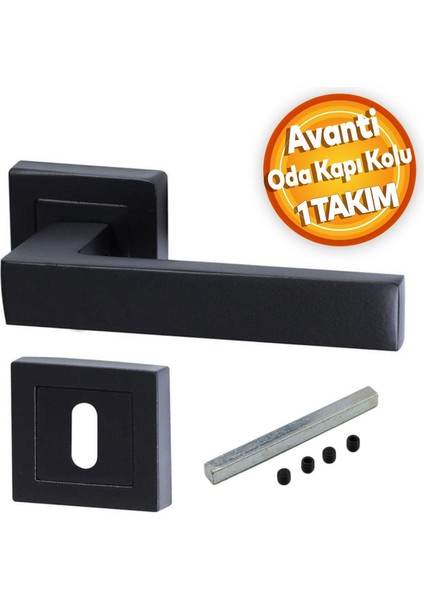 Avanti Mat Siyah Kare Rozetli Oda Kapı Kolu Metal Sağa Sola Uygun (1 Takım)