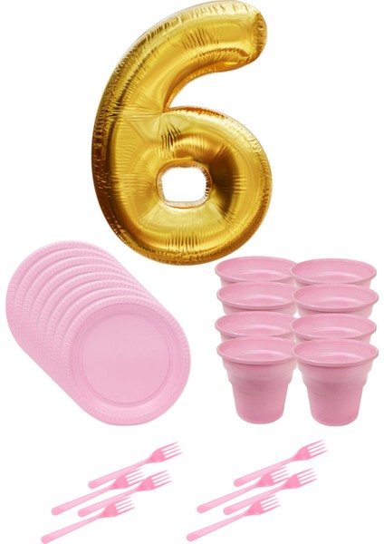 8 Tabak 8 Bardak 8 Çatal ( Pembe ) Rakam Folyo Balon 6 Yaş ( Gold Altın Sarısı )