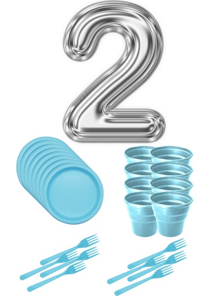 8 Tabak 8 Bardak 8 Çatal ( Mavi ) Rakam Folyo Balon 2 Yaş ( Gümüş )