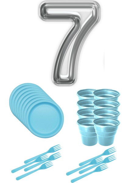 8 Tabak 8 Bardak 8 Çatal ( Mavi ) Rakam Folyo Balon 7 Yaş ( Gümüş )