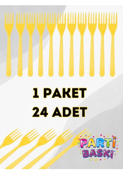 1 Paket 24 Adet Sarı Plastik Çatal - Doğum Günü Parti Çatalı