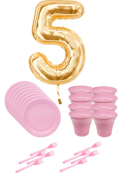 8 Tabak 8 Bardak 8 Çatal ( Pembe ) Rakam Folyo Balon 5 Yaş ( Gold Altın Sarısı )