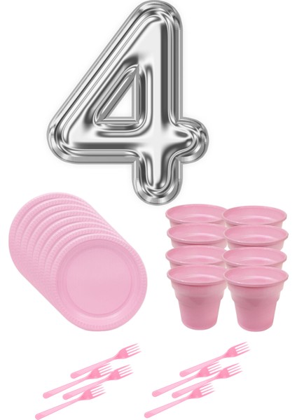 8 Tabak 8 Bardak 8 Çatal ( Pembe ) Rakam Folyo Balon 4 Yaş ( Gümüş Gri )