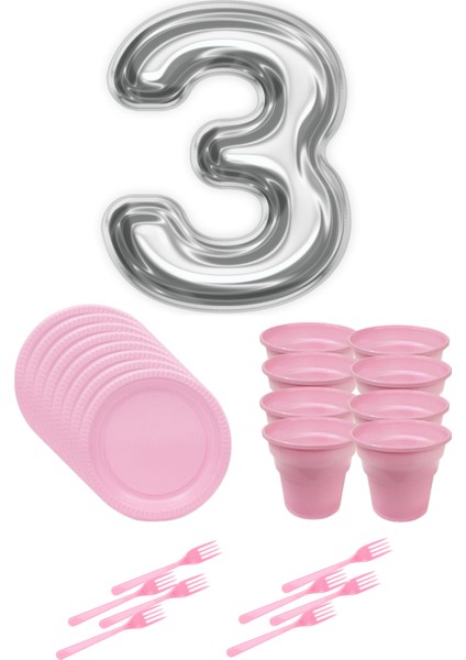 8 Tabak 8 Bardak 8 Çatal ( Pembe ) Rakam Folyo Balon 3 Yaş ( Gümüş Gri )