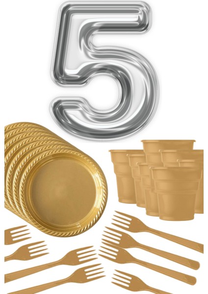 Gold Tabak - Gold Bardak - Gold Çatal Gümüş Folyo Balon Rakam 5 Yaş