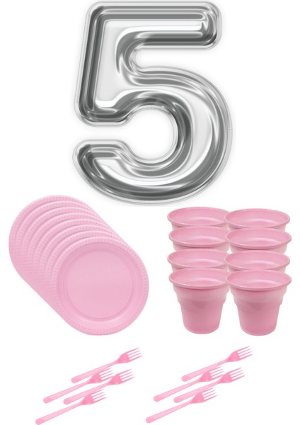 8 Tabak 8 Bardak 8 Çatal ( Pembe ) Rakam Folyo Balon 5 Yaş ( Gümüş Gri )