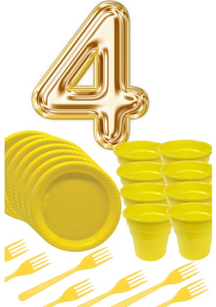 Sarı Tabak - Sarı Bardak - Sarı Çatal Gold Folyo Balon Rakam 4 Yaş