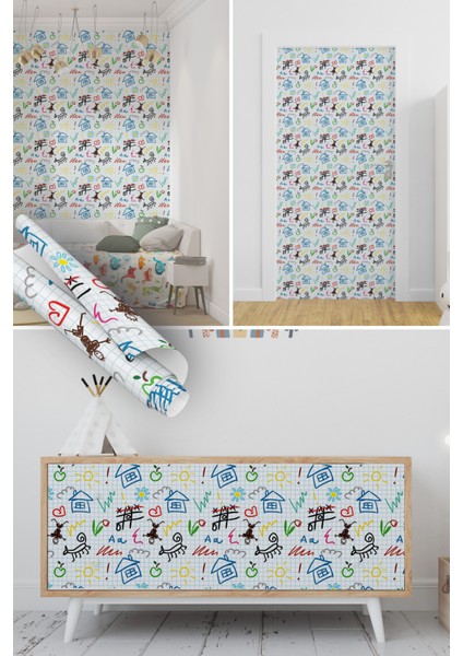 Renkli Çok Desenli Çocuklar Için Yapışkan Folyo, Kendinden Yapışkanlı Folyolar, Bebek Odası, Çocuk Odası, Dolap Kaplama Folyosu, Su Geçirmez, Yapışkan Folyolar, Sticker, Büyük Ebatlı, Dekoros