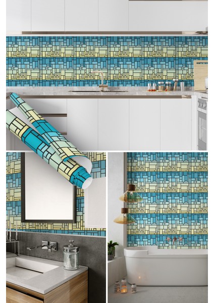 Mavi Yeşil Geometrik Şekilli Yapışkanlı Folyo, Mutfak, Tezgah, Masa, Dolap Kaplama Folyosu, Isıya Dayanıklı, Su Geçirmez, Kendinden Yapışkan Folyolar, Sticker, Büyük Ebatlı, Dekoros