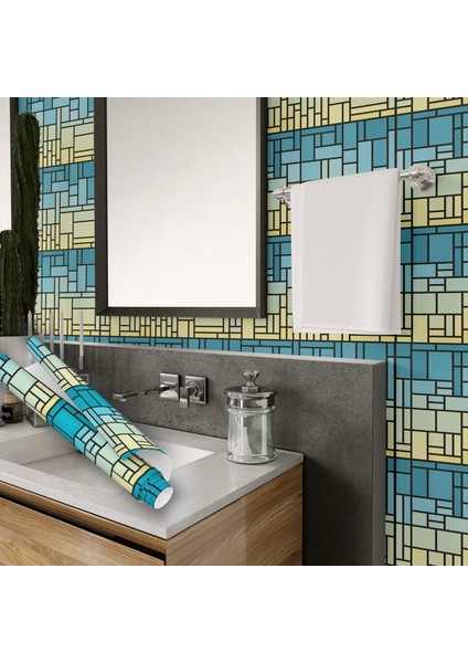 Mavi Yeşil Geometrik Şekilli Yapışkanlı Folyo, Mutfak, Tezgah, Masa, Dolap Kaplama Folyosu, Isıya Dayanıklı, Su Geçirmez, Kendinden Yapışkan Folyolar, Sticker, Büyük Ebatlı, Dekoros modelleri