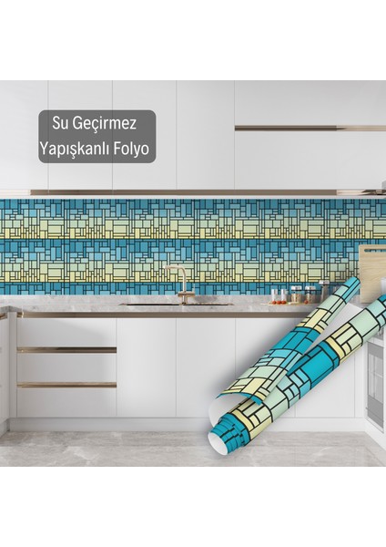 Mavi Yeşil Geometrik Şekilli Yapışkanlı Folyo, Mutfak, Tezgah, Masa, Dolap Kaplama Folyosu, Isıya Dayanıklı, Su Geçirmez, Kendinden Yapışkan Folyolar, Sticker, Büyük Ebatlı, Dekoros fırsatları