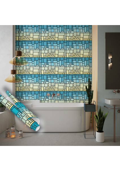 Mavi Yeşil Geometrik Şekilli Yapışkanlı Folyo, Mutfak, Tezgah, Masa, Dolap Kaplama Folyosu, Isıya Dayanıklı, Su Geçirmez, Kendinden Yapışkan Folyolar, Sticker, Büyük Ebatlı, Dekoros indirimleri