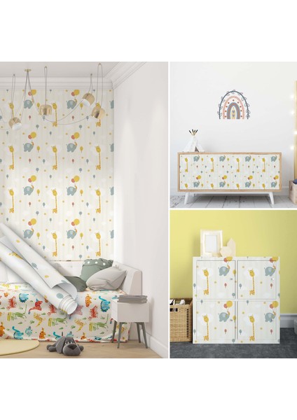 Sevimli Yavru Hayvanlar Yapışkanlı Folyo, Zürafa ve Fil Hayvan Folyoları, Çizgi Film Desenli, Bebek Odası, Çocuk Odaları, Kaplama Folyosu, Yapışkan Folyolar, Sticker, Büyük Ebatlı, Dekoros