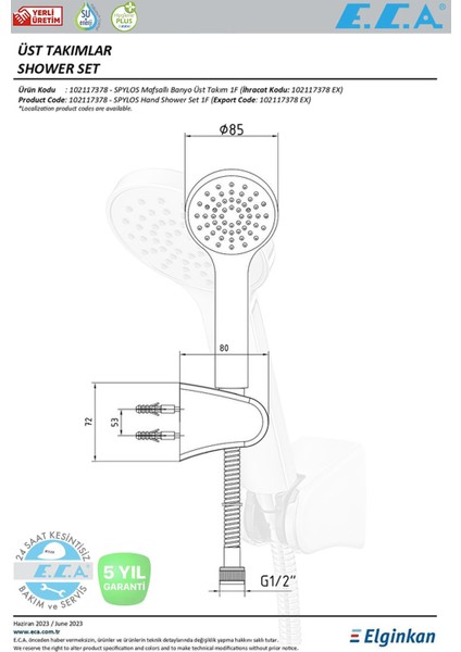 Eca Spylos Banyo Duş Başlığı Tek Fonksiyonlu Mafsallı Banyo Üst Takım 102117378