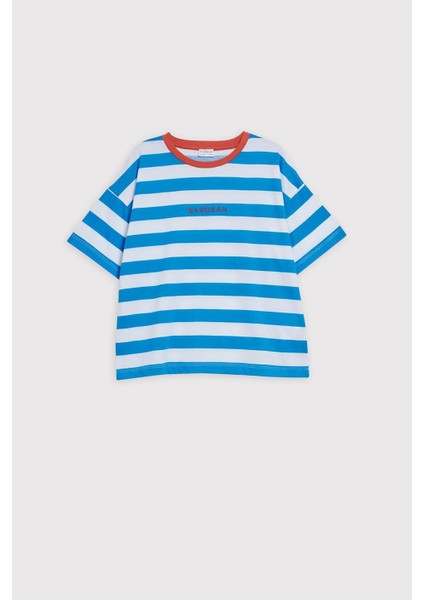 (Kids Boy) Kontrast Yaka Çizgili Oversize Fit T-Shirt