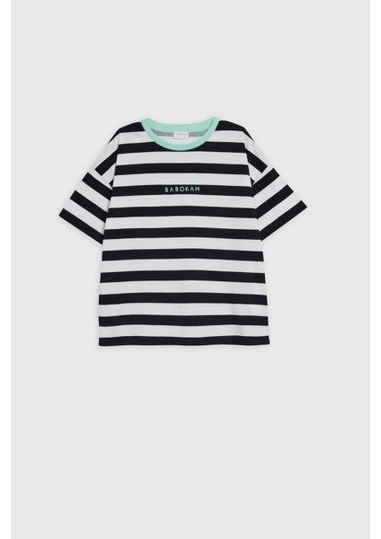 (Kids Boy) Kontrast Yaka Çizgili Oversize Fit T-Shirt